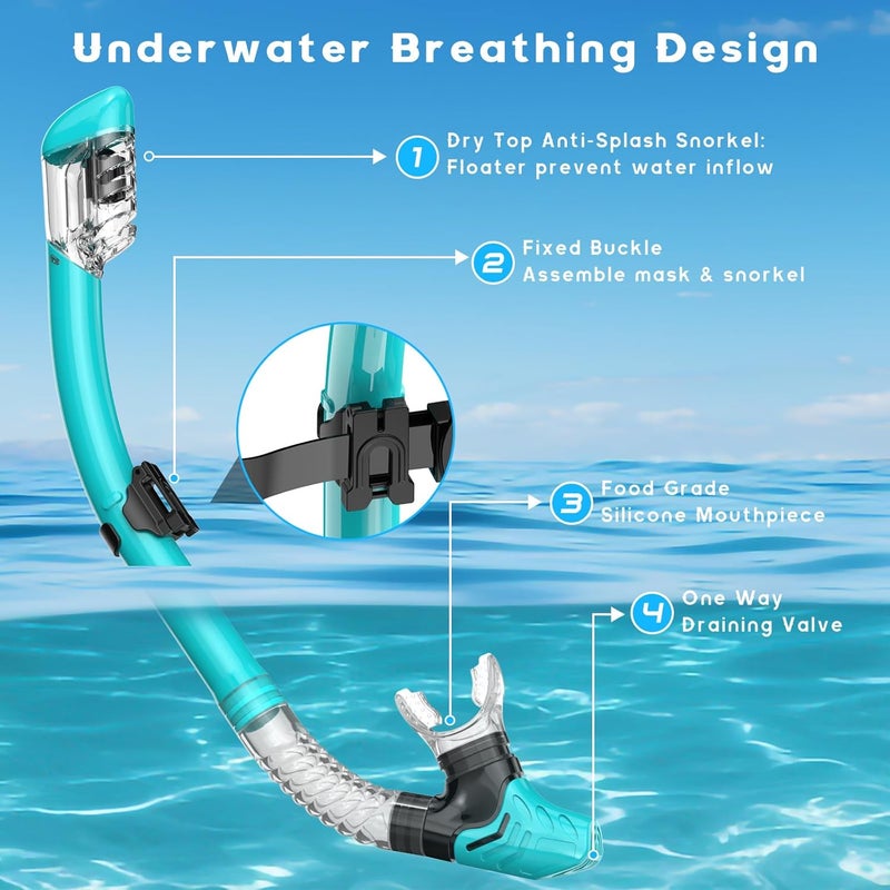 wutrye Snorkeling Gear for Adults, Dry Top Snorkel Mask Set, Diving Scuba Mask, Swimming Goggles with Nose Cover, HD Tempered Glass Panoramic Swim Freediving Anti-Leak Anti-Fog Travel Packages - Image 5